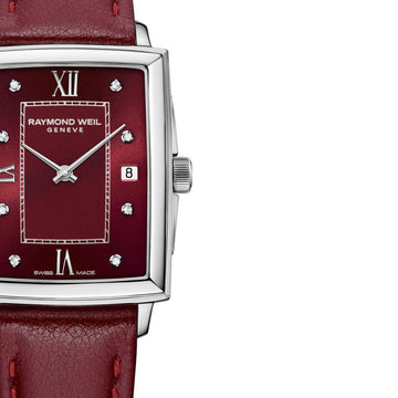 Τετράγωνο ρολόι Raymond Weil Toccata Diamonds 925-STC-00451 με κόκκινο δερμάτινο λουράκι και κόκκινο καντράν μεγέθους 22.6mm x 28.1mm με διαμάντια.